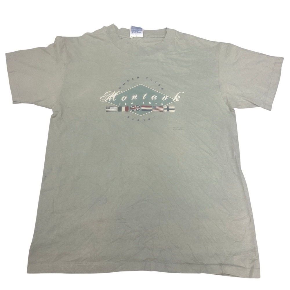 Vintage 90s Techstyles Mens M Montauk New York World Class Resort T Shirt Green